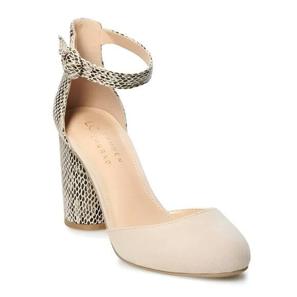 NEW LC Snakeskin Faux Suede Neutral Beige Tan Gray Chuncky Ankle Strap Heels 10 - Picture 1 of 4